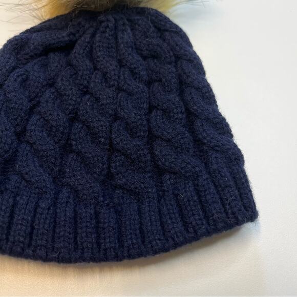 Starting Out Children’s Beanie, Navy Blue Cable Knit w/ Brown Faux Fur Pom, NWT! - Picture 2 of 3